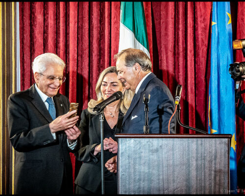 The President of the Italian Republic, Sergio Mattarella, with the Italian Ambassador to the United States of America Mariangela Zappia and President of GEI Mario Calvo-Platero during the GEI Award ceremony